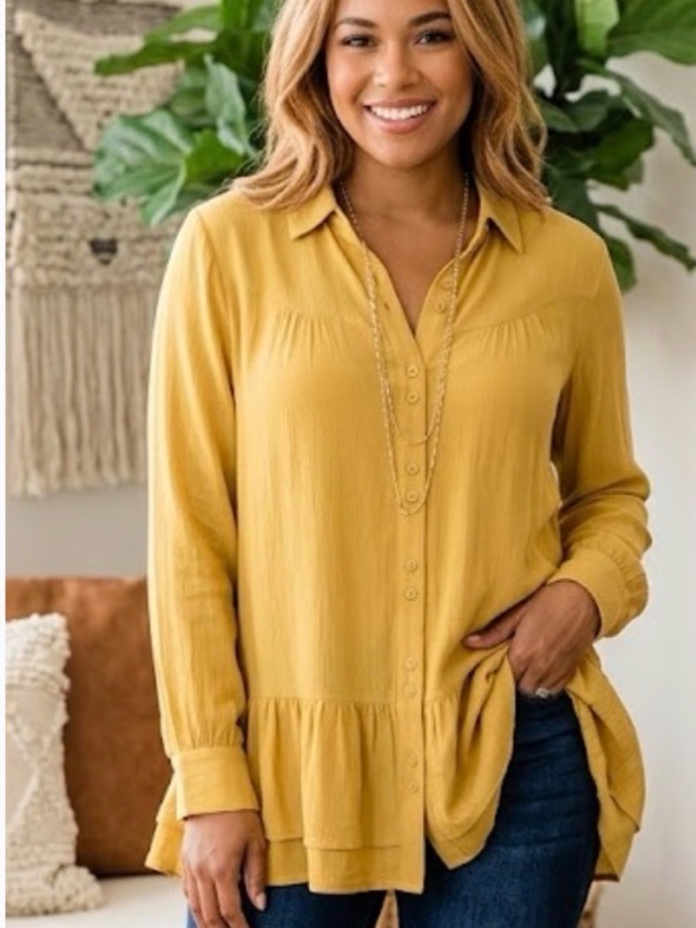 Soft Surroundings yellow tunic blouse Sz M Peplum Top